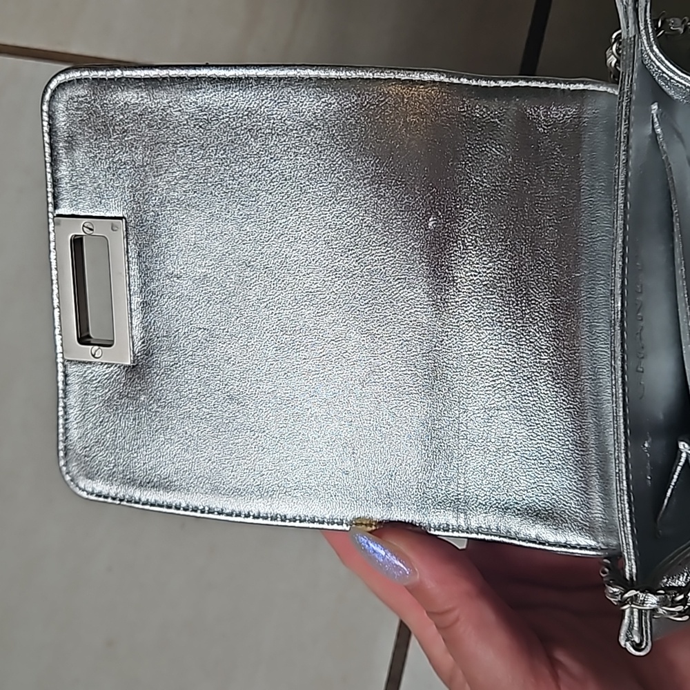 CHANEL Metallic Silver Mini Bag Chain Strap Turnlock w/Card - Picture 9 of 14